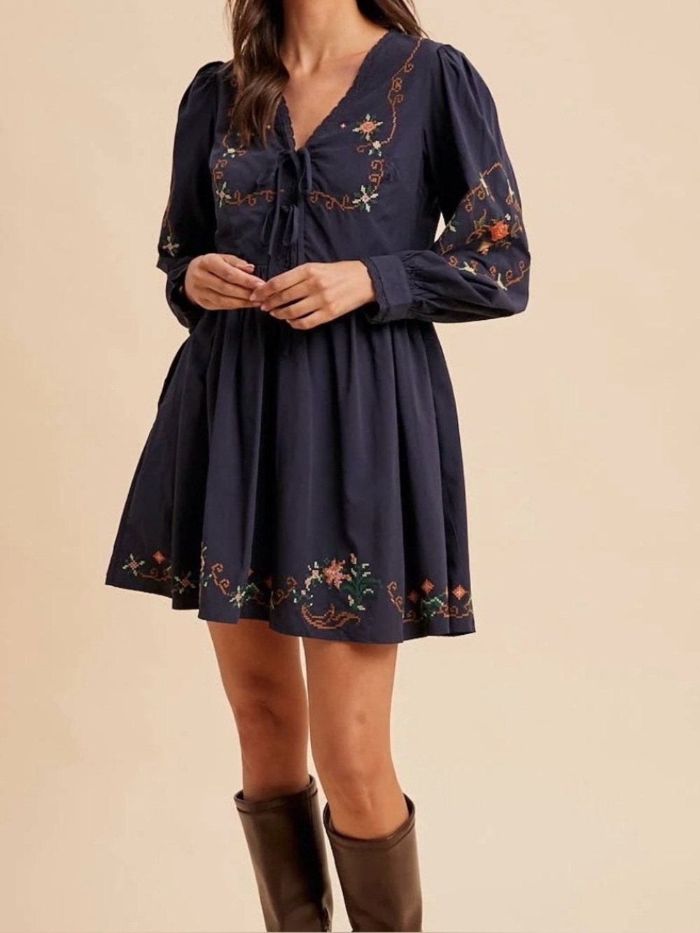 In Loom Dress Womens Large Homestead Cross Stitch Navy Ruffle Cottagecore